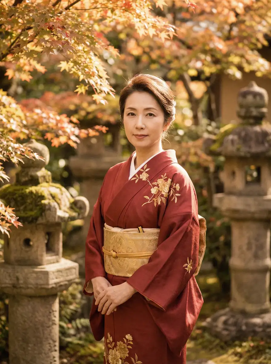 一位身穿暗红色和服的优雅 阿里娱乐 在日式庭院中